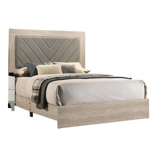 Cato Upholstered Queen Size Bed, Chevron Tufted Gray Headboard, Cream