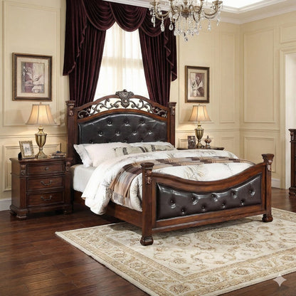Jax Traditional Queen Size Bed, Tufted Upholstered Headboard, Cherry Brown