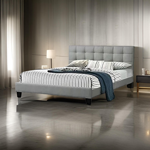 Dex Modern Platform California King Bed, Tufted Upholstery, Light Gray
