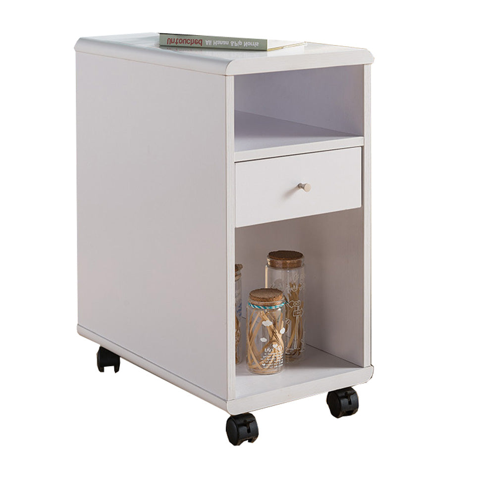 20 Inch Rolling Chairside Table, Single Drawer, 2 Open Shelves, Crisp White