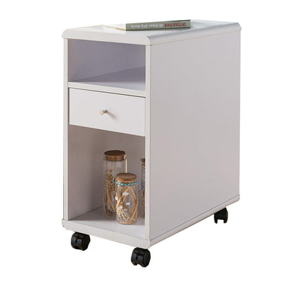 20 Inch Rolling Chairside Table, Single Drawer, 2 Open Shelves, Crisp White