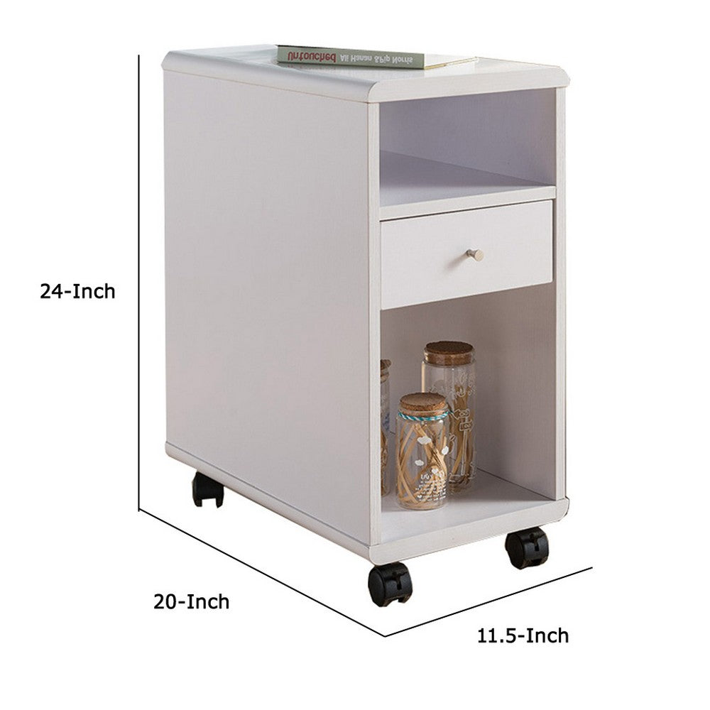 20 Inch Rolling Chairside Table, Single Drawer, 2 Open Shelves, Crisp White