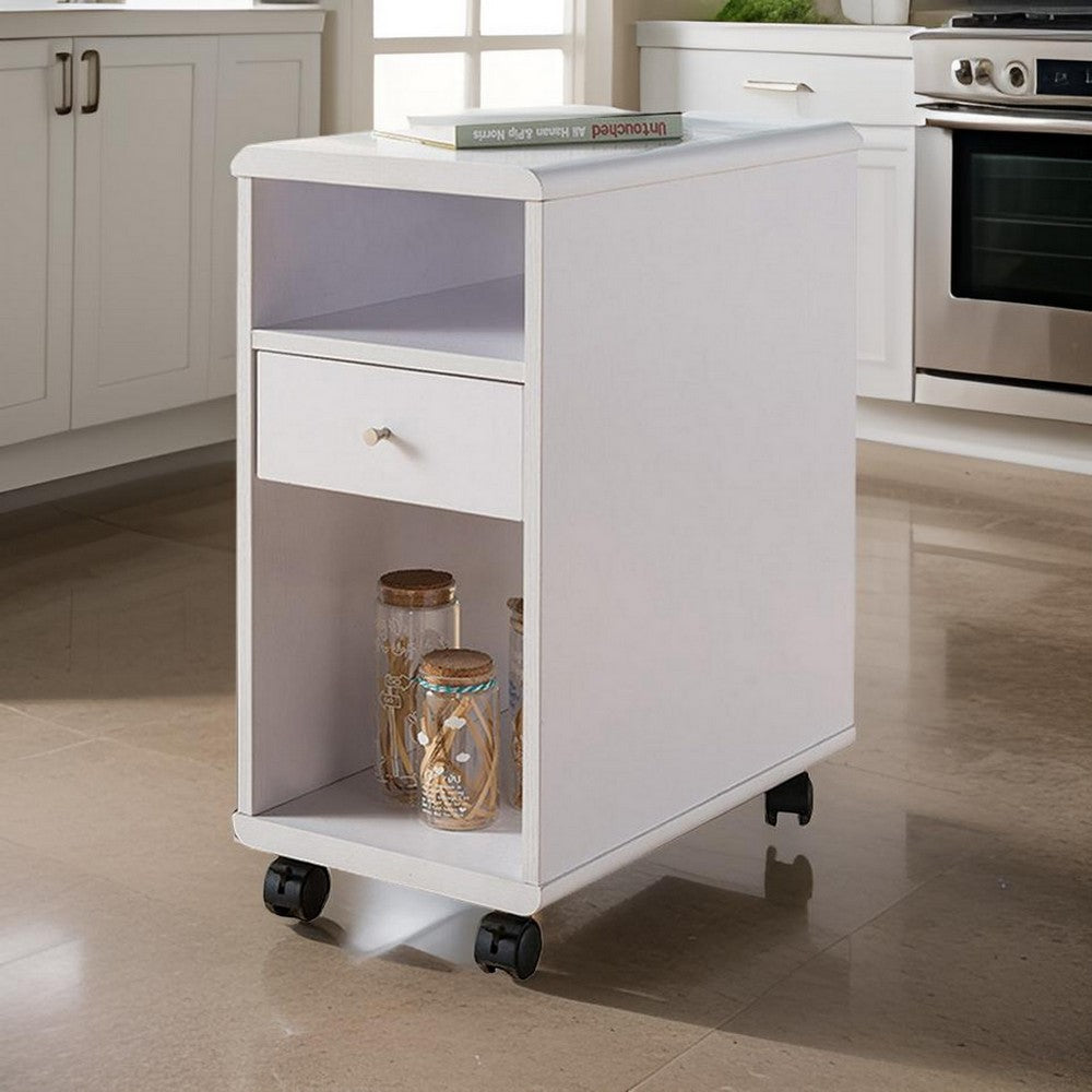 20 Inch Rolling Chairside Table, Single Drawer, 2 Open Shelves, Crisp White