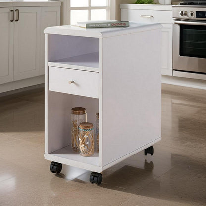 20 Inch Rolling Chairside Table, Single Drawer, 2 Open Shelves, Crisp White