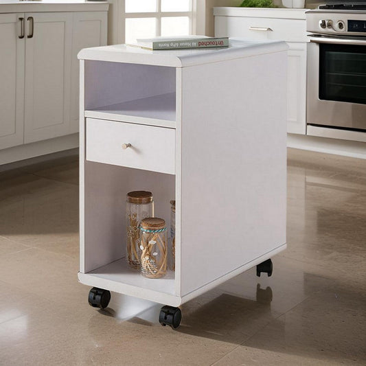 20 Inch Rolling Chairside Table, Single Drawer, 2 Open Shelves, Crisp White