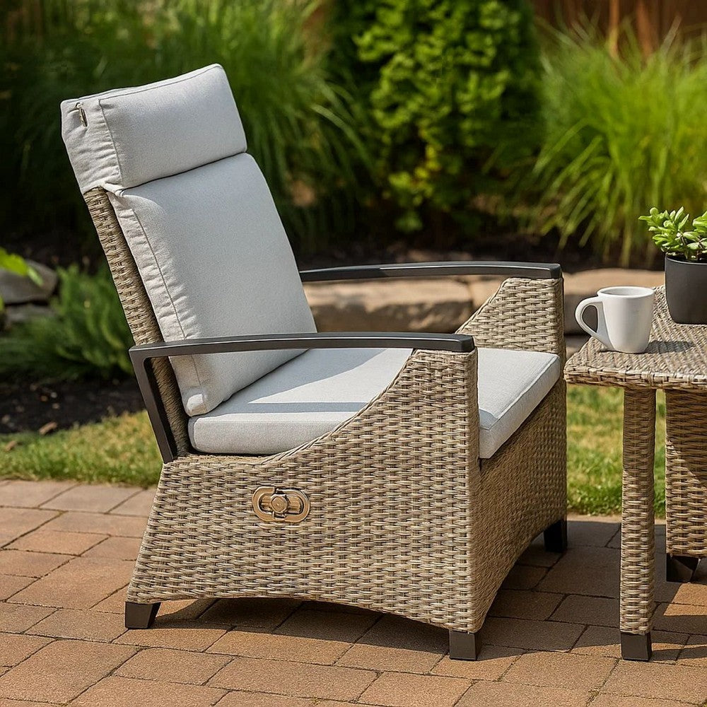 Foca 26 Inch Outdoor Dining Armchair, Faux Wicker, Gray, Tufted Backrest