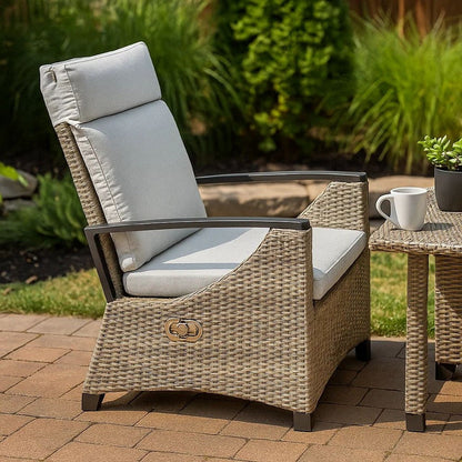 Foca 26 Inch Outdoor Dining Armchair, Faux Wicker, Gray, Tufted Backrest