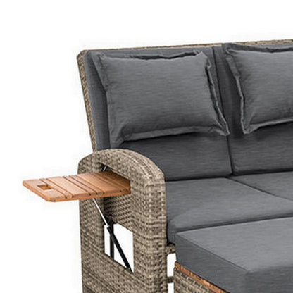 2 Piece Outdoor Chaise Lounger and Bench, Gray Fabric, Wicker, Adjustable