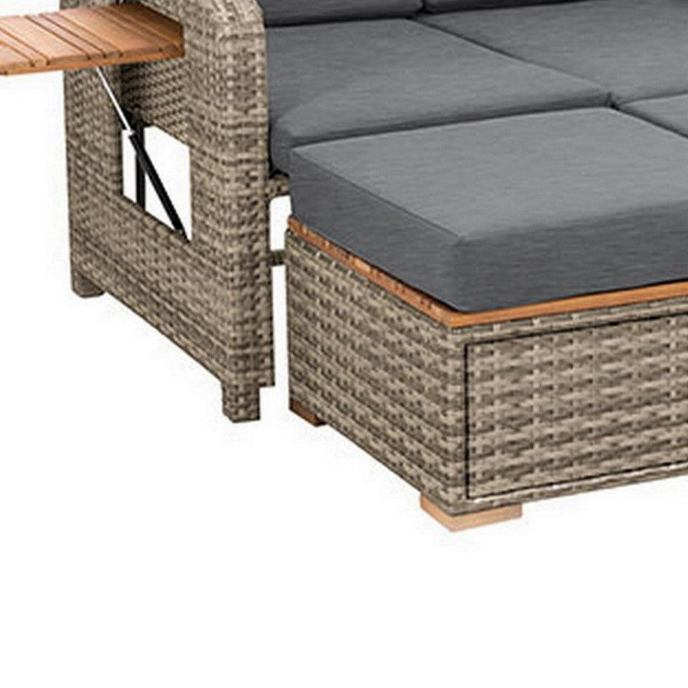 2 Piece Outdoor Chaise Lounger and Bench, Gray Fabric, Wicker, Adjustable