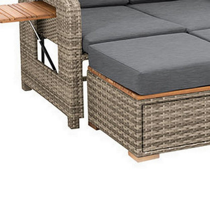 2 Piece Outdoor Chaise Lounger and Bench, Gray Fabric, Wicker, Adjustable