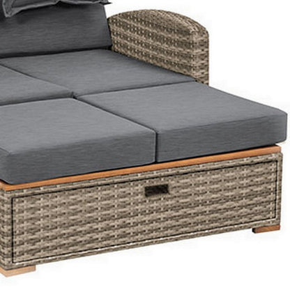 2 Piece Outdoor Chaise Lounger and Bench, Gray Fabric, Wicker, Adjustable