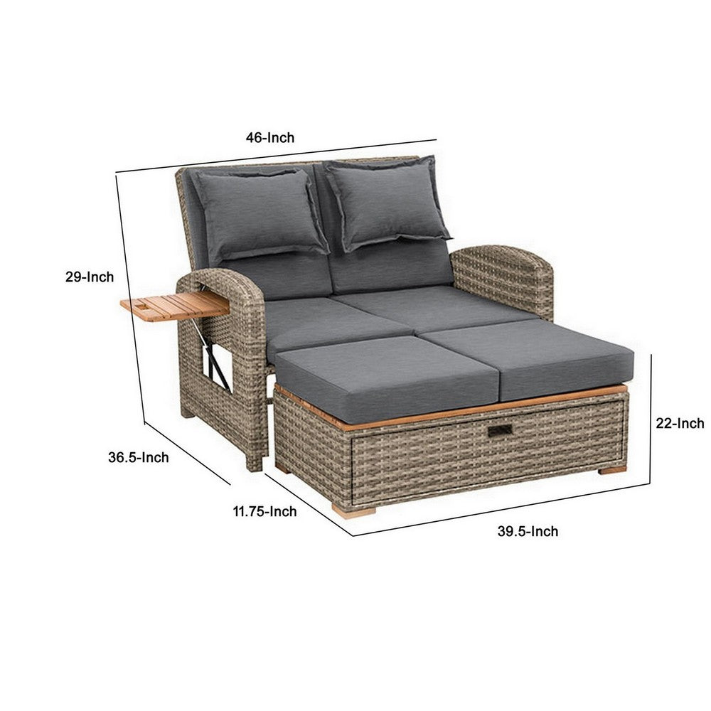 2 Piece Outdoor Chaise Lounger and Bench, Gray Fabric, Wicker, Adjustable