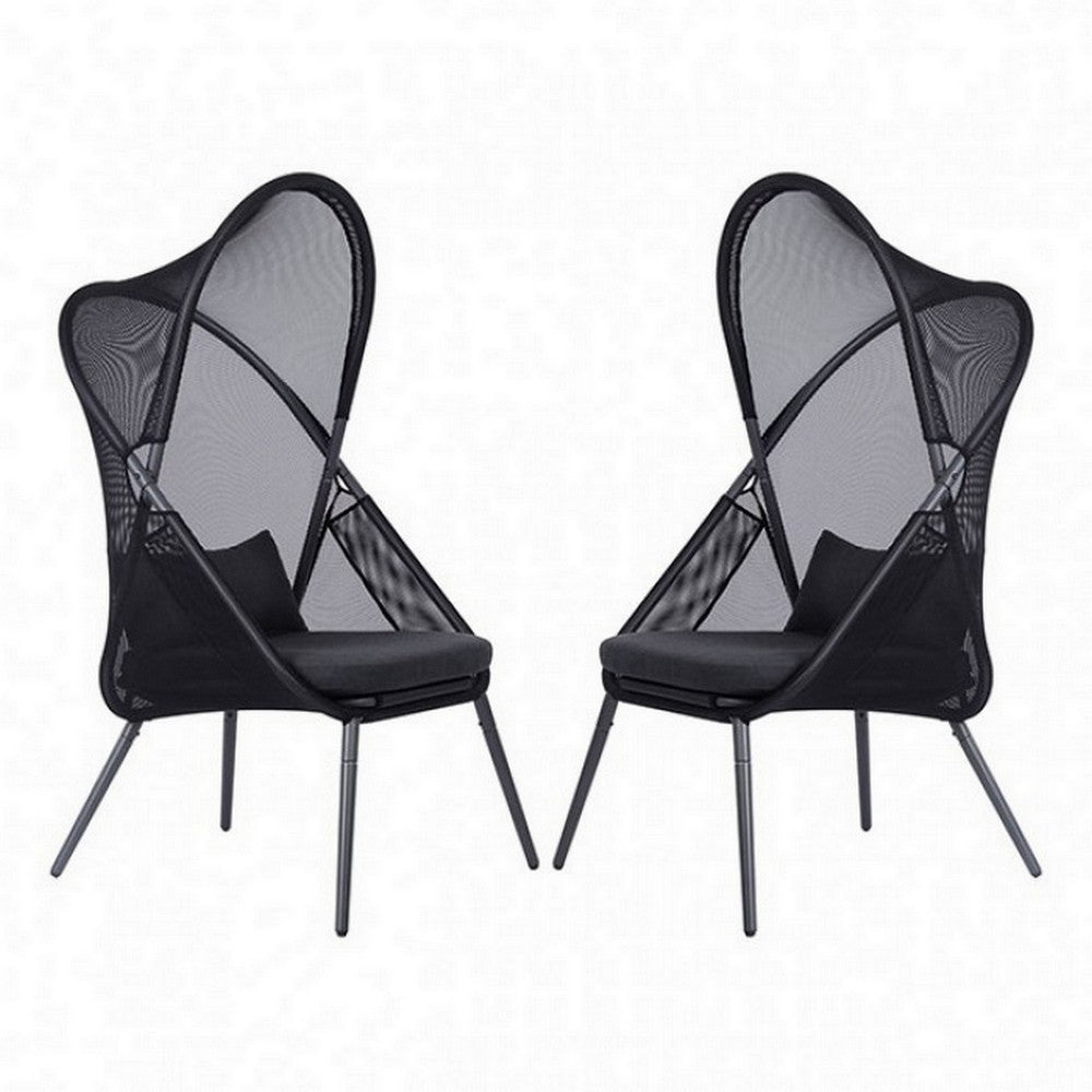 34 Inch Outdoor Foldable Chair, Set of 2, Black Fabric Seat, Steel Frame