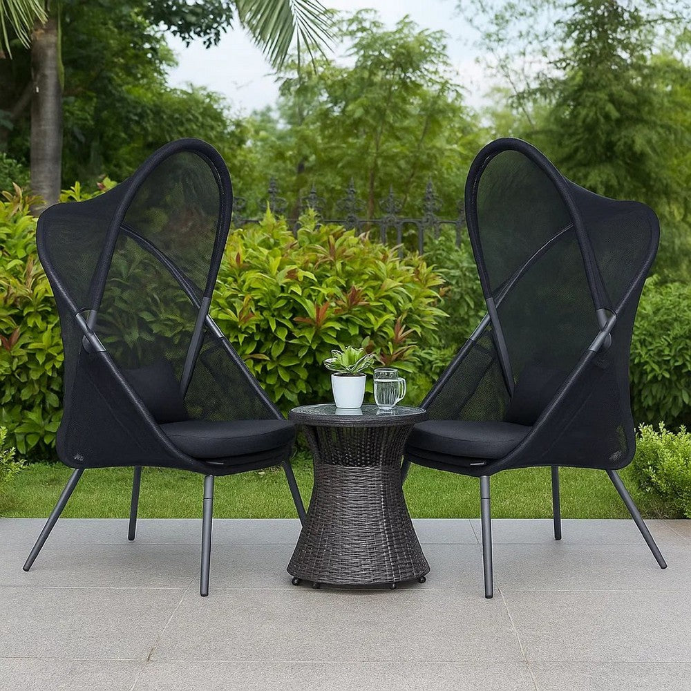 34 Inch Outdoor Foldable Chair, Set of 2, Black Fabric Seat, Steel Frame