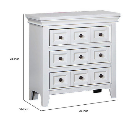 Cile 26 Inch Nightstand, 3 Panel Drawers, White Wood, Round Nickel Handles