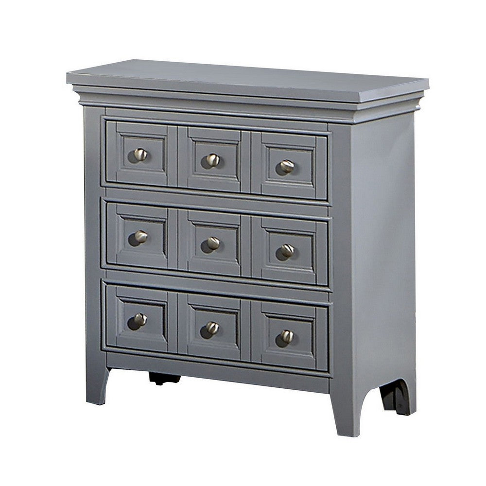 Cile 26 Inch Nightstand, 3 Panel Drawers, Gray Wood, Round Nickel Handles