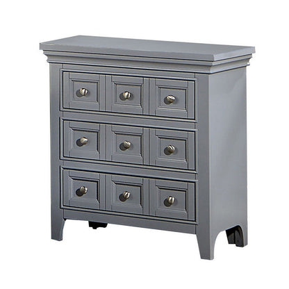 Cile 26 Inch Nightstand, 3 Panel Drawers, Gray Wood, Round Nickel Handles
