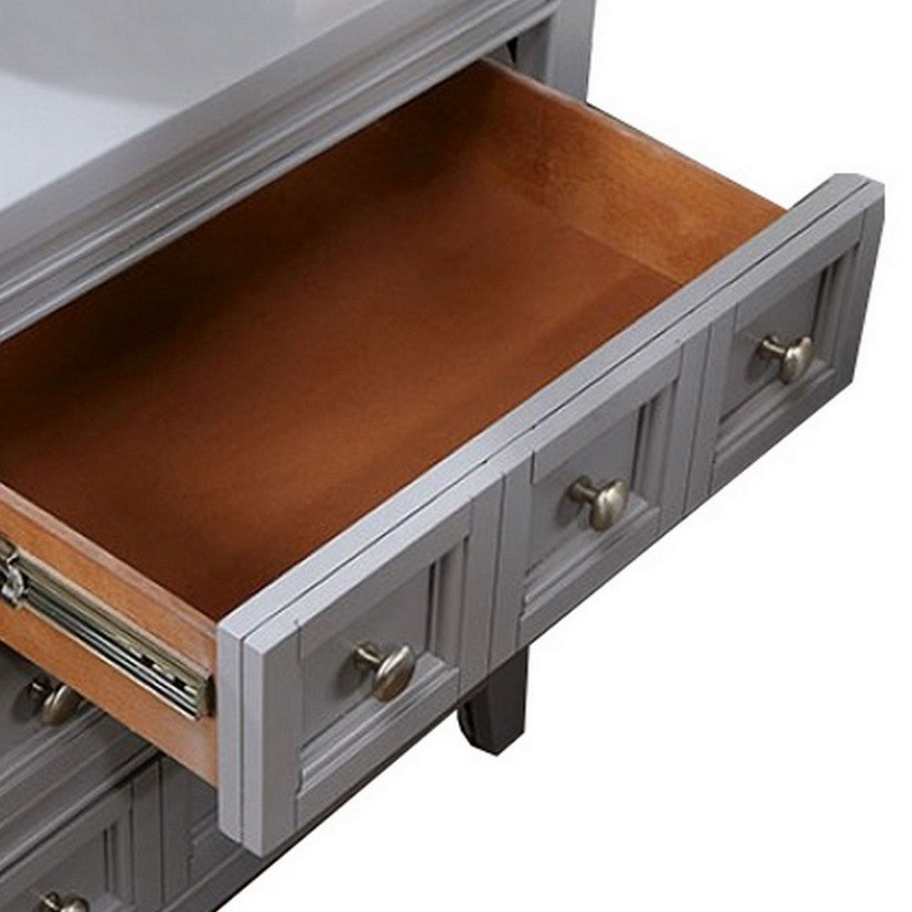 Cile 26 Inch Nightstand, 3 Panel Drawers, Gray Wood, Round Nickel Handles