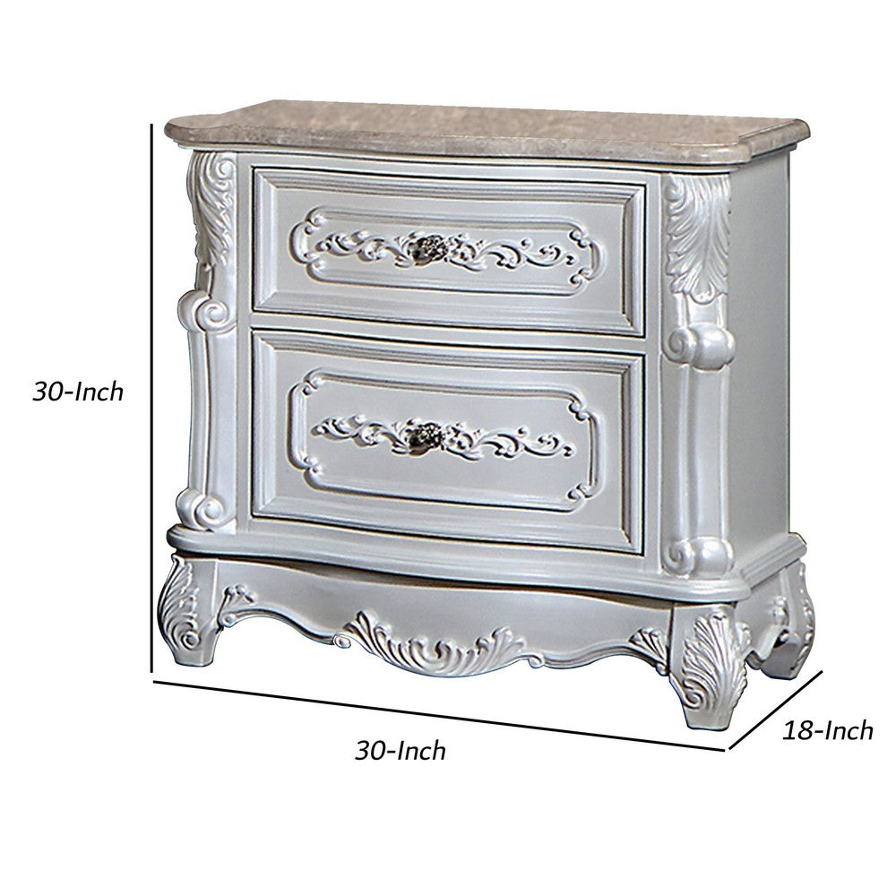 Nero 30 Inch Nightstand, 2 Drawers, Marble Surface, Carved Details, White