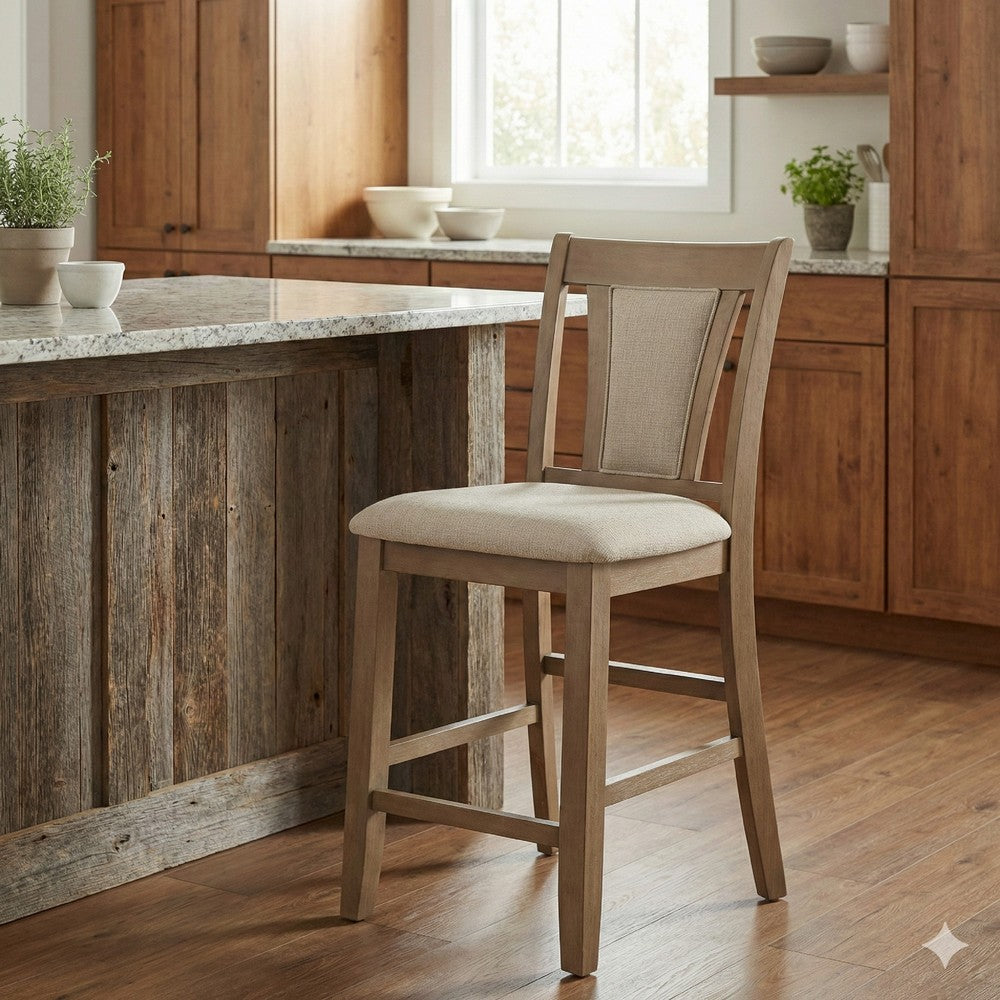 Mana 26 Inch Counter Height Chair, Set of 2, Beige Fabric, Brown Frame