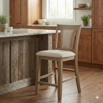 Mana 26 Inch Counter Height Chair, Set of 2, Beige Fabric, Brown Frame