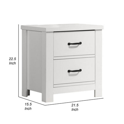 Jermy 22 Inch Nightstand, 2 Drawers, Black Handles, Crisp White Finish
