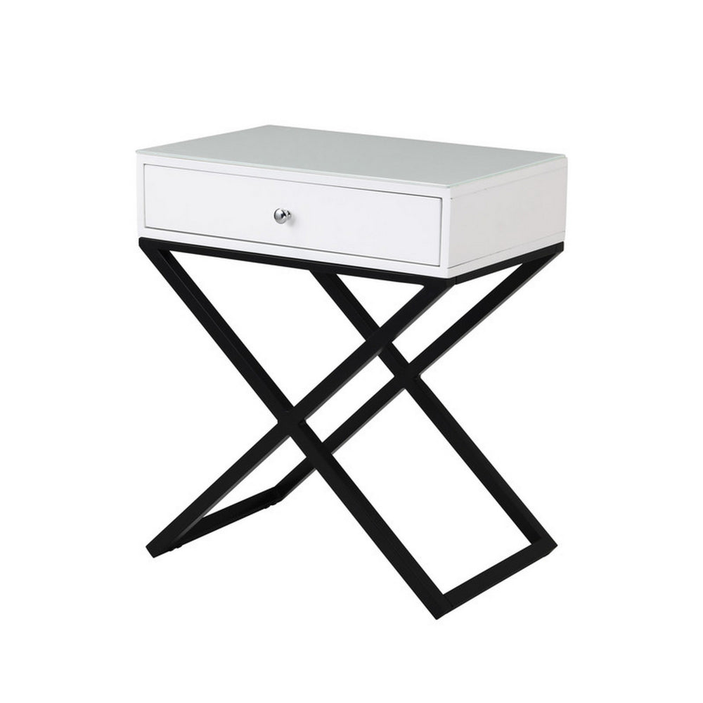 Zeno 27 Inch 1 Drawer Nightstand, Glass Top, Black Metal Cross Legs, White