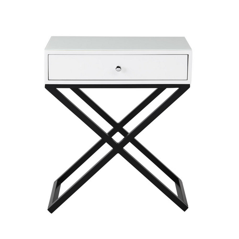 Zeno 27 Inch 1 Drawer Nightstand, Glass Top, Black Metal Cross Legs, White