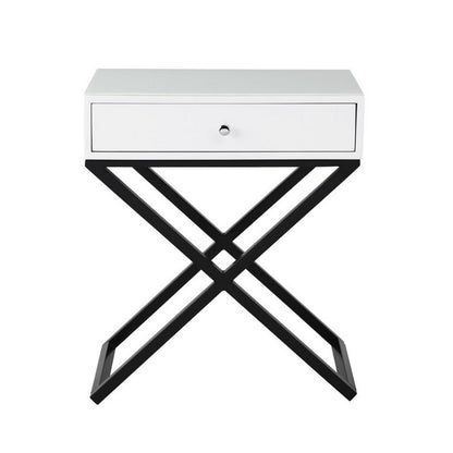Zeno 27 Inch 1 Drawer Nightstand, Glass Top, Black Metal Cross Legs, White