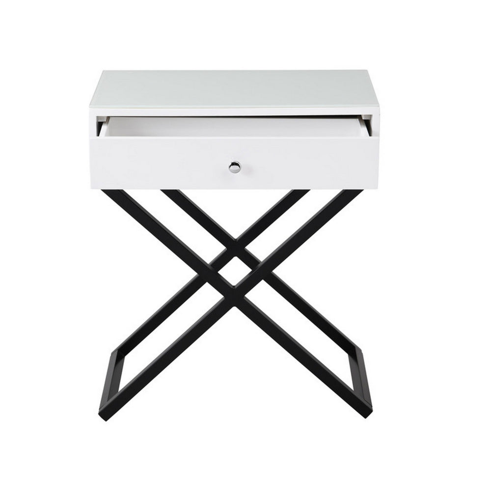 Zeno 27 Inch 1 Drawer Nightstand, Glass Top, Black Metal Cross Legs, White