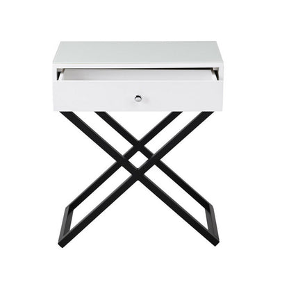 Zeno 27 Inch 1 Drawer Nightstand, Glass Top, Black Metal Cross Legs, White