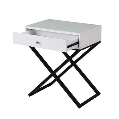 Zeno 27 Inch 1 Drawer Nightstand, Glass Top, Black Metal Cross Legs, White