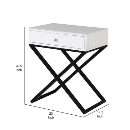 Zeno 27 Inch 1 Drawer Nightstand, Glass Top, Black Metal Cross Legs, White