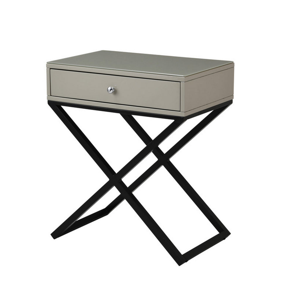 Zeno 27 Inch 1 Drawer Nightstand, Glass Top, Black Metal Cross Legs, Taupe