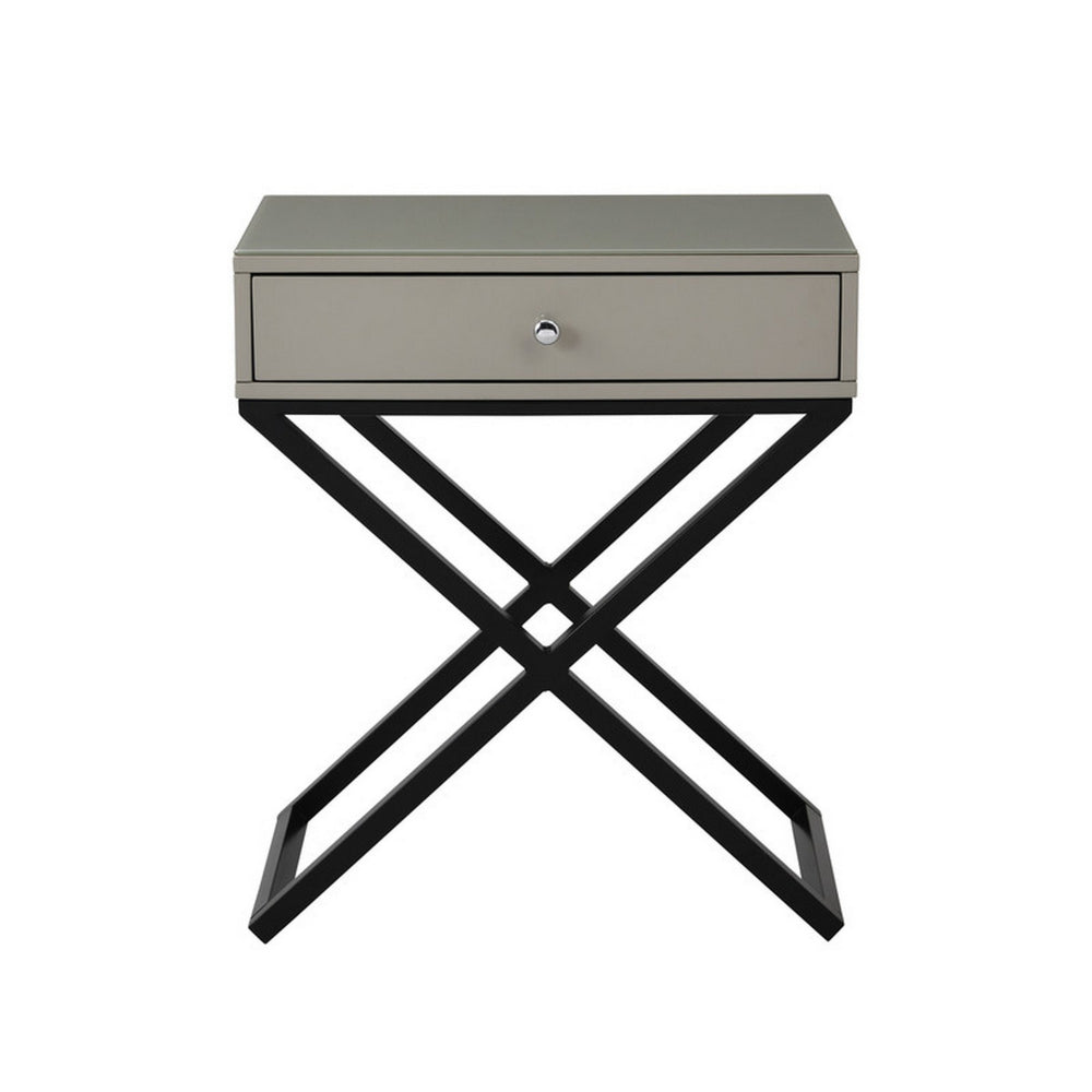 Zeno 27 Inch 1 Drawer Nightstand, Glass Top, Black Metal Cross Legs, Taupe
