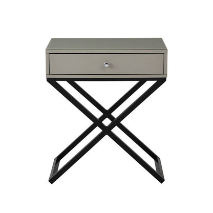 Zeno 27 Inch 1 Drawer Nightstand, Glass Top, Black Metal Cross Legs, Taupe