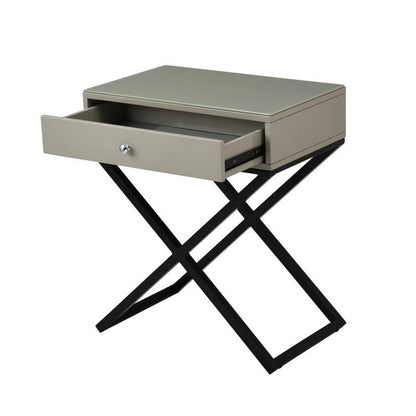 Zeno 27 Inch 1 Drawer Nightstand, Glass Top, Black Metal Cross Legs, Taupe