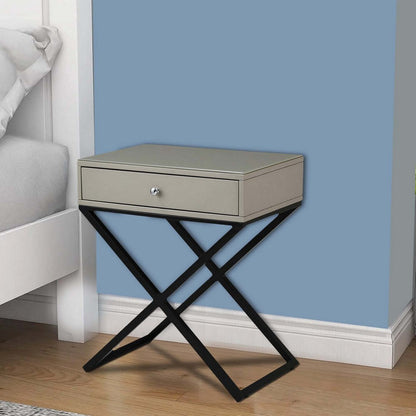 Zeno 27 Inch 1 Drawer Nightstand, Glass Top, Black Metal Cross Legs, Taupe