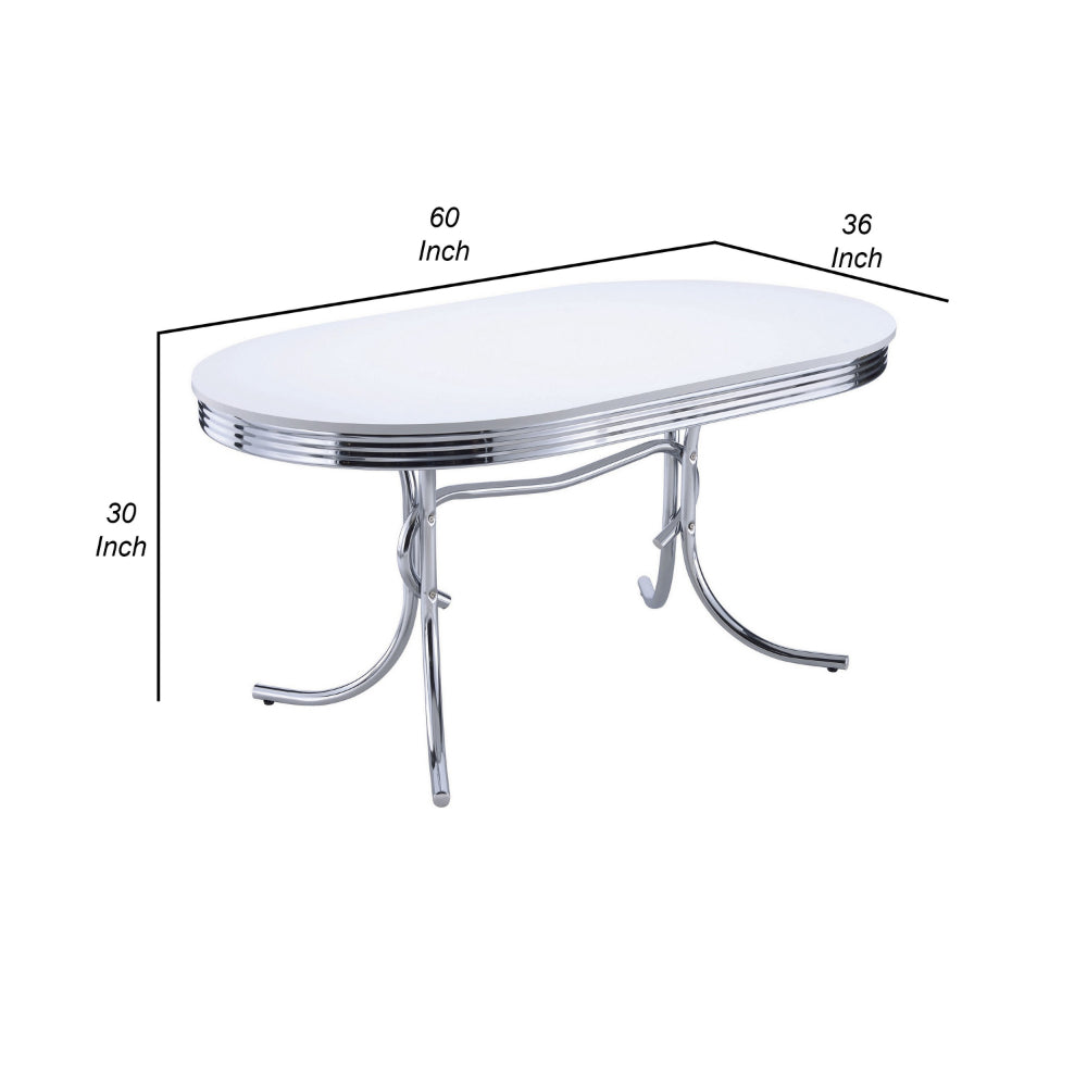 Loy 60 Inch Oval Dining Table, Glossy White Wood Top, Ribbed Chrome Apron