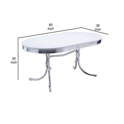 Loy 60 Inch Oval Dining Table, Glossy White Wood Top, Ribbed Chrome Apron
