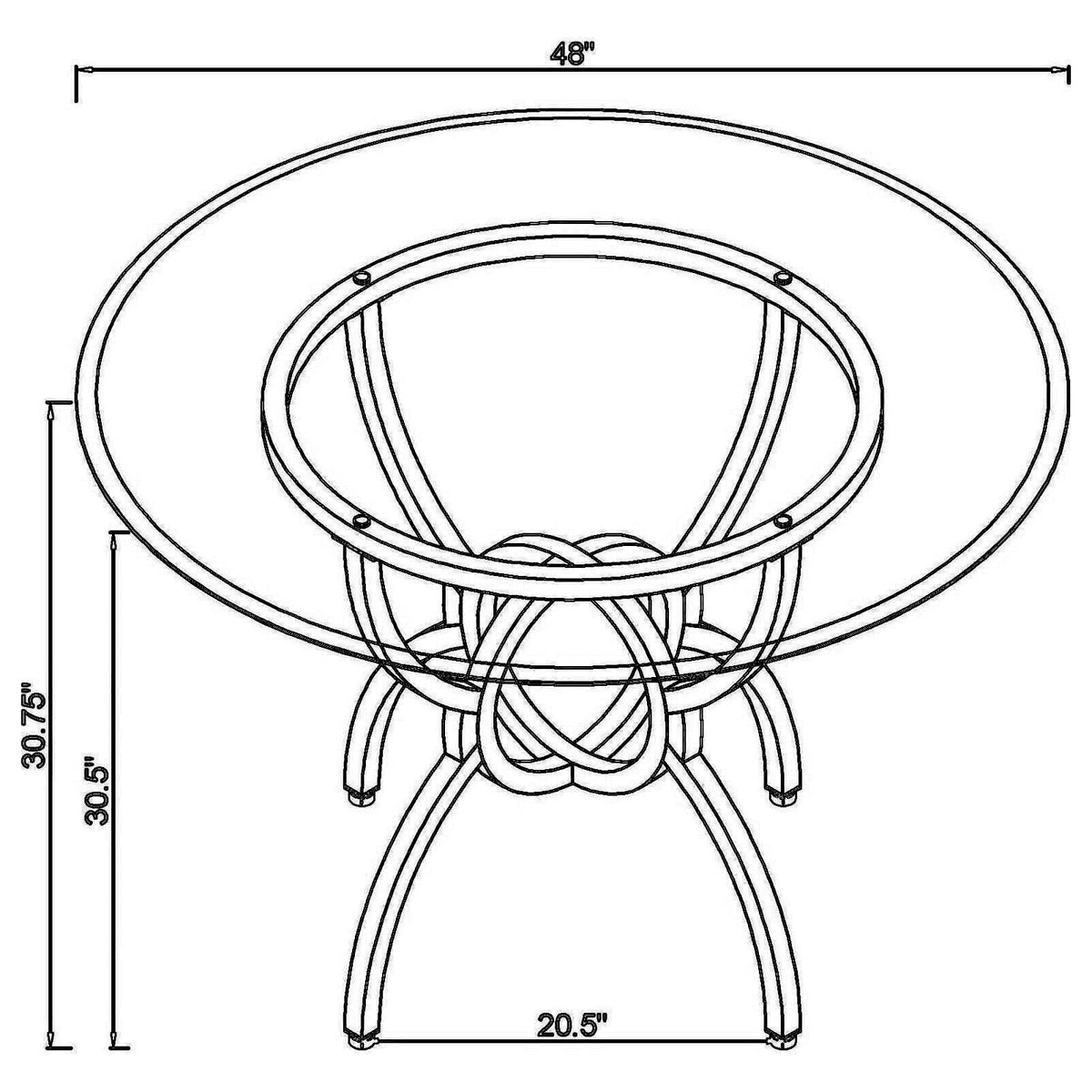 48 Inch Round Dining Table, Clear Glass Top, Interlocked Ring Motif Legs