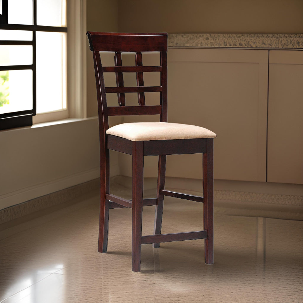 25 Inch Counter Height Stool, Lattice Design Back, Tan Fabric Seat, Brown
