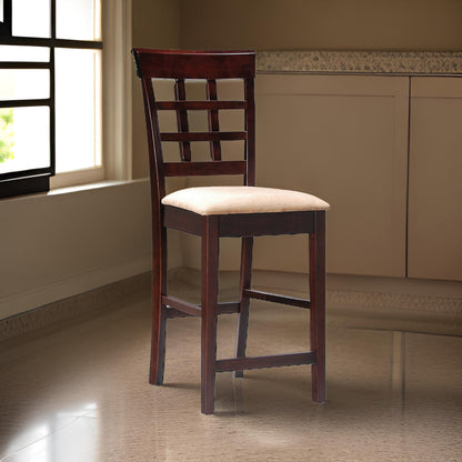 25 Inch Counter Height Stool, Lattice Design Back, Tan Fabric Seat, Brown