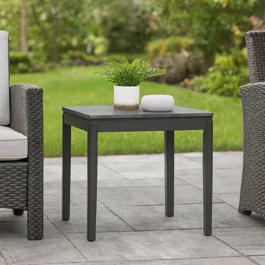 Kyo 24 Inch End Table, Gray Faux Marble Top, Sandy Texturing, Black Legs