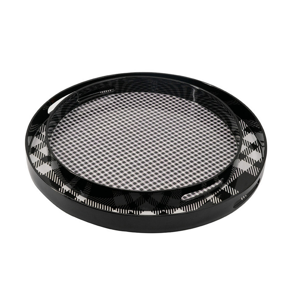 2 Piece Round Decorative Tray, Plastic Frame, Black and White Plaid Print