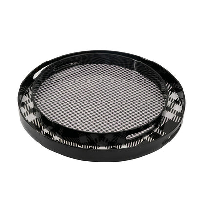 2 Piece Round Decorative Tray, Plastic Frame, Black and White Plaid Print