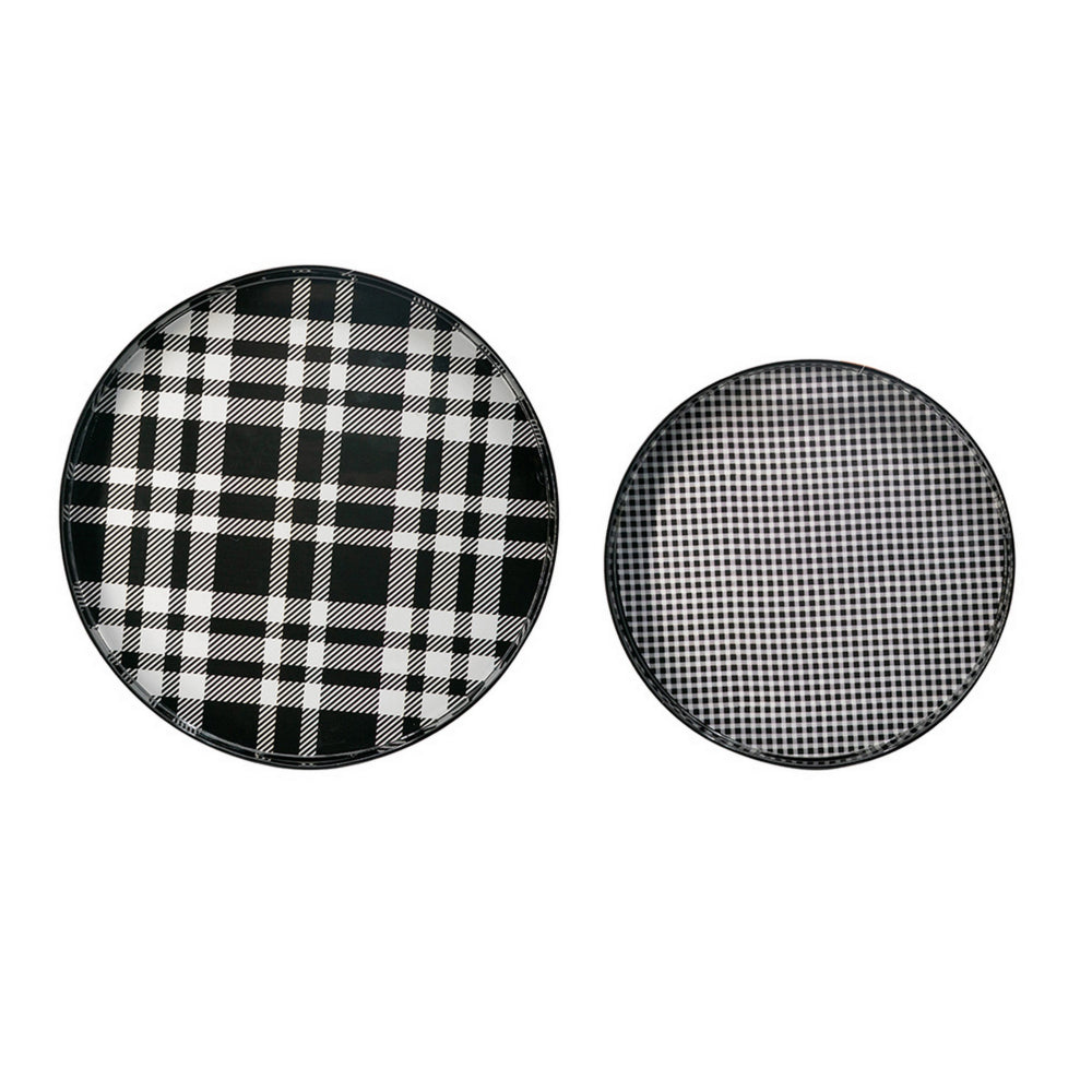 2 Piece Round Decorative Tray, Plastic Frame, Black and White Plaid Print
