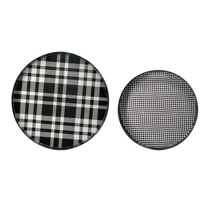 2 Piece Round Decorative Tray, Plastic Frame, Black and White Plaid Print