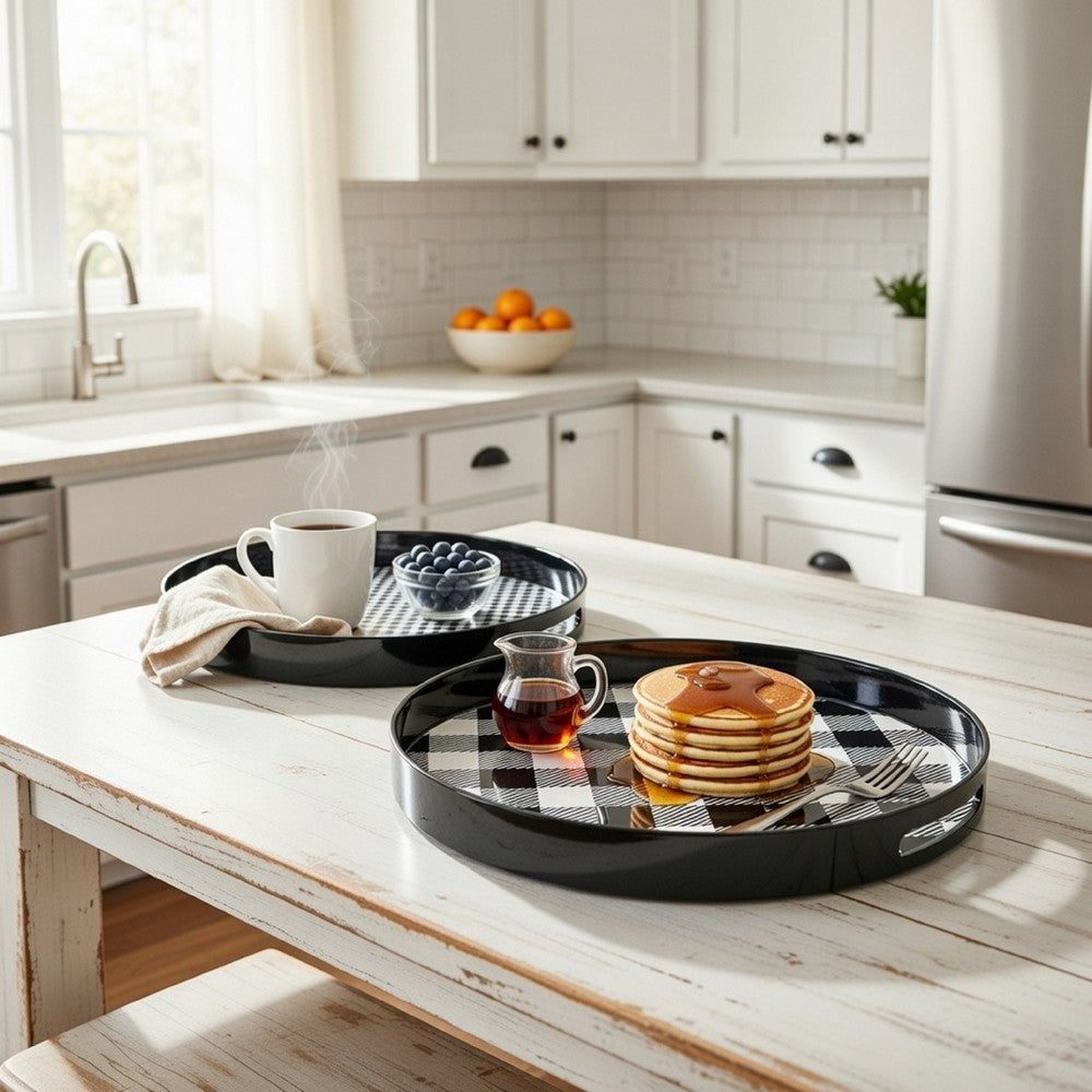 2 Piece Round Decorative Tray, Plastic Frame, Black and White Plaid Print