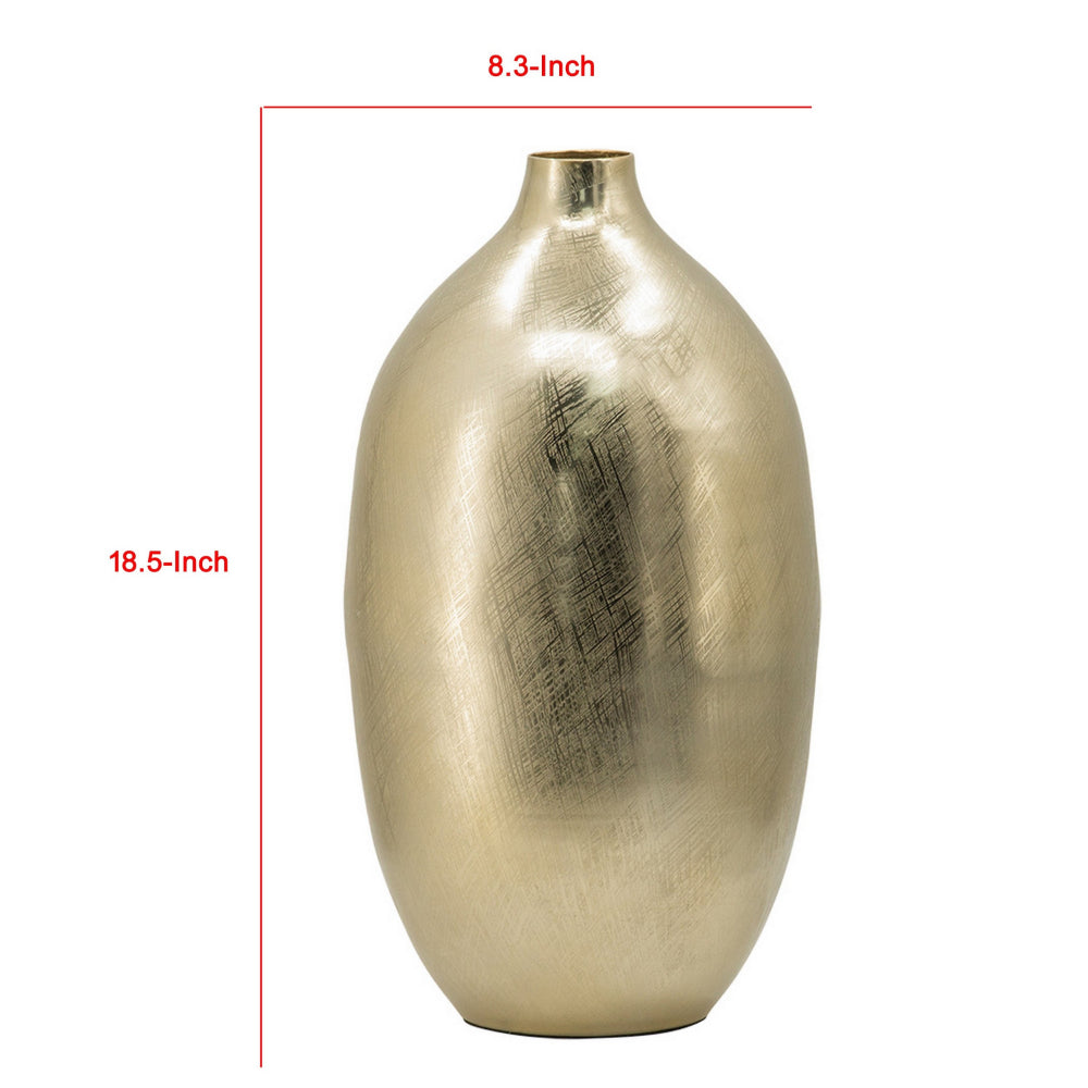 Pansy 19 Inch Modern Vase, Metal, Tall Curved Bottleneck Shape, Gold Finish